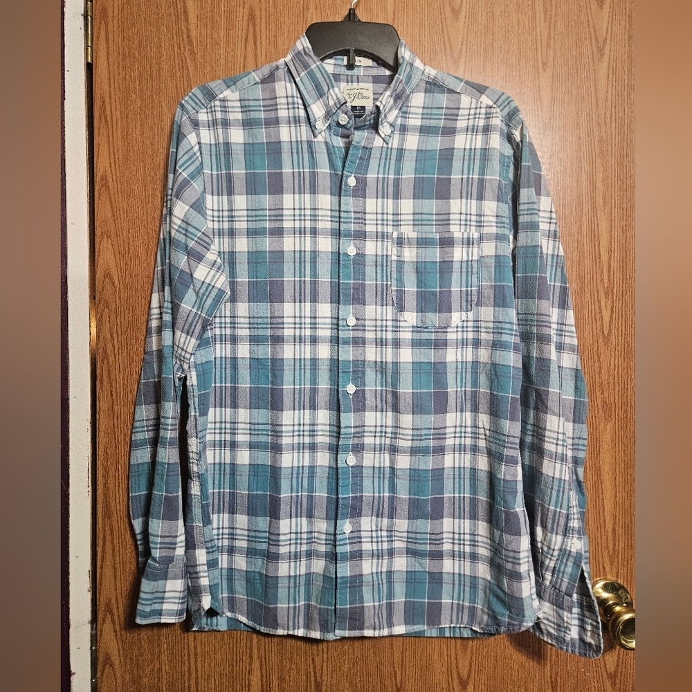 J. CREW Shirt Mens Medium Slim Stretch Secret Wash Classic 100%Cotton Blue Plaid
